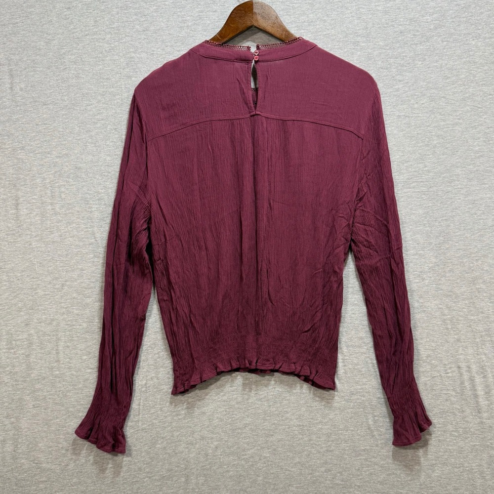 American Rag Lace Yoke Blouse Womens Large Burgundy Boho Smocked Victorian - Picture 2 of 8